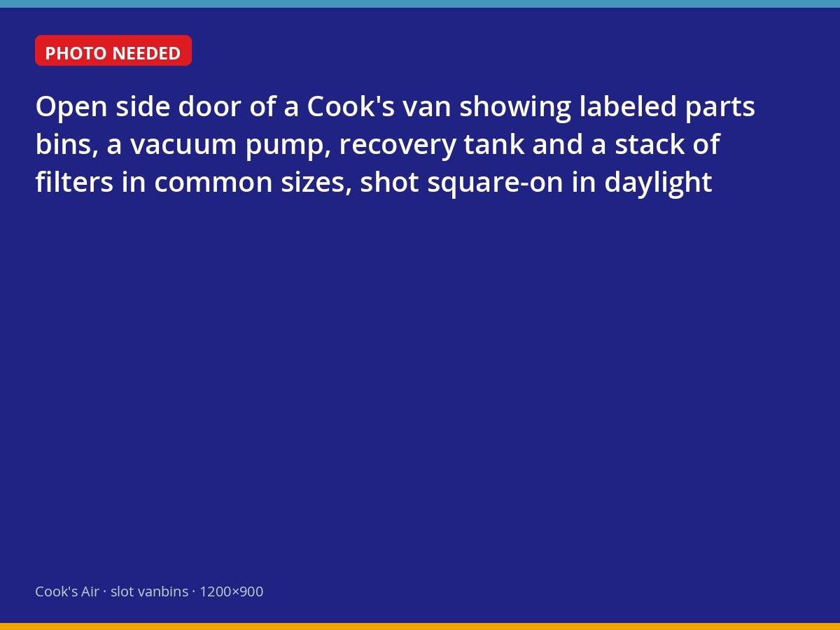 Inside a stocked Cook's service van: parts bins, vacuum pump and filters