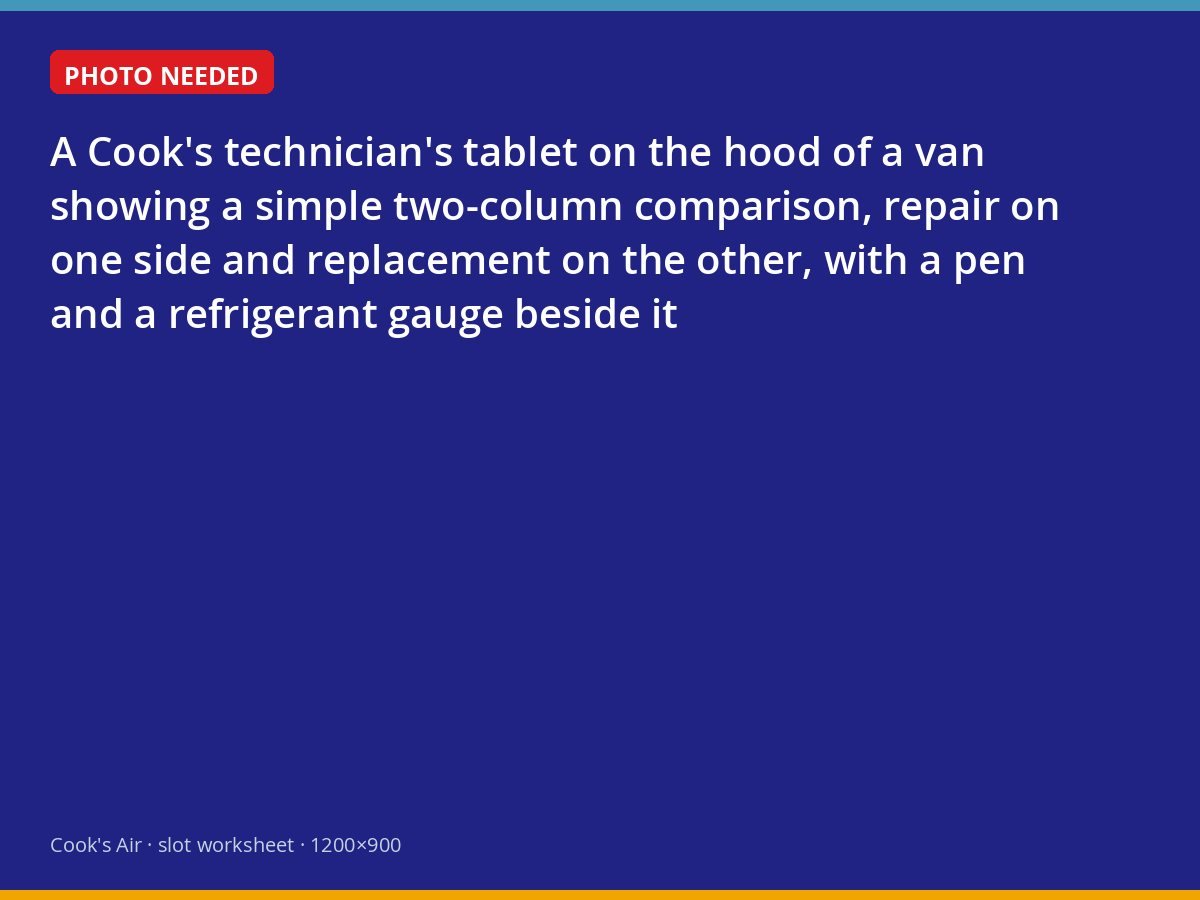 Repair-versus-replace comparison on a Cook's technician's tablet