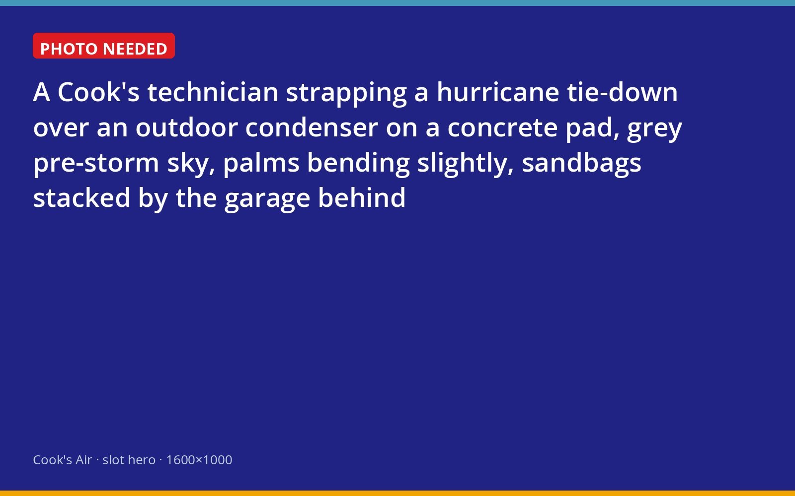 Cook's technician securing an outdoor air conditioning unit ahead of a storm