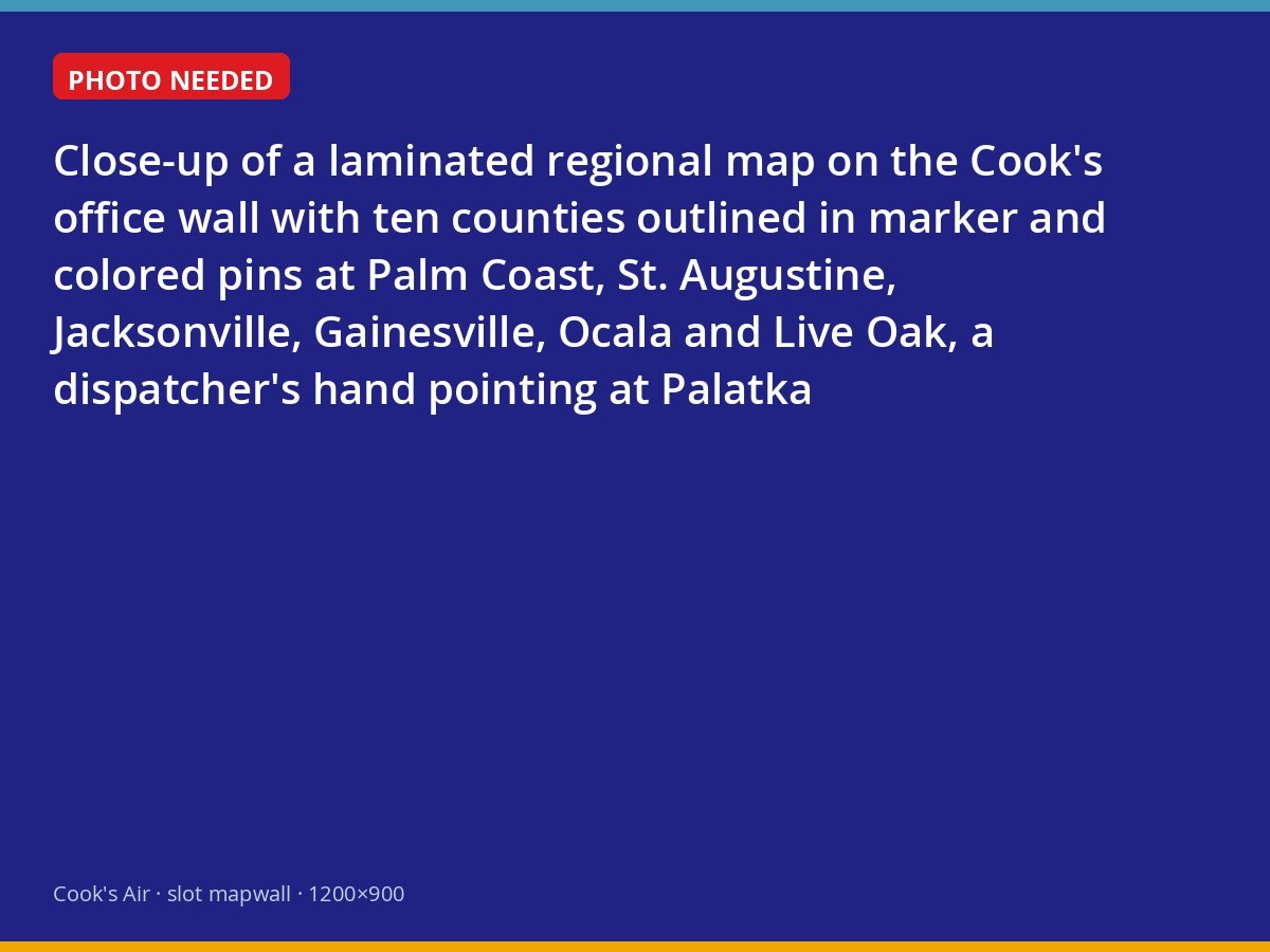 Dispatch map on the Cook's office wall showing the ten markets the company serves