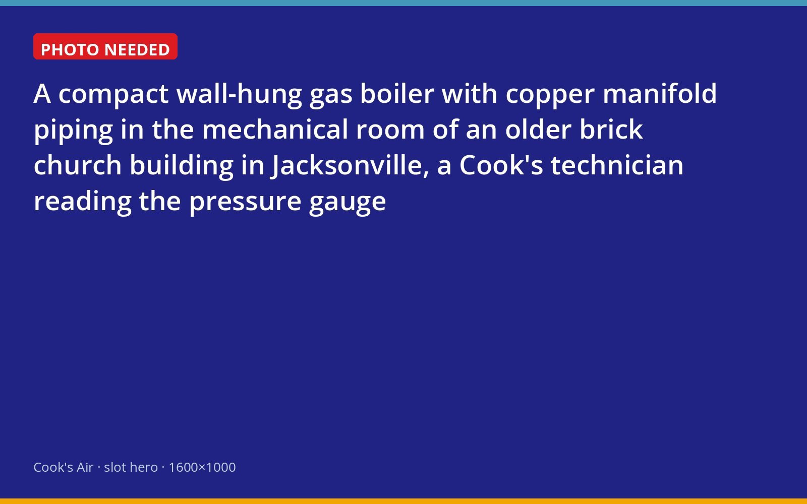 Wall-hung gas boiler in a mechanical room, gauge being checked by a Cook's technician