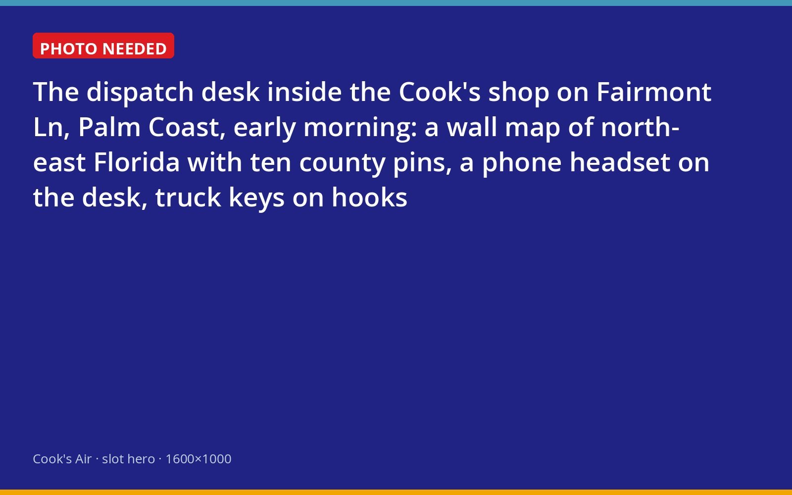 Dispatch desk at the Cook's shop in Palm Coast with a map of the ten service markets