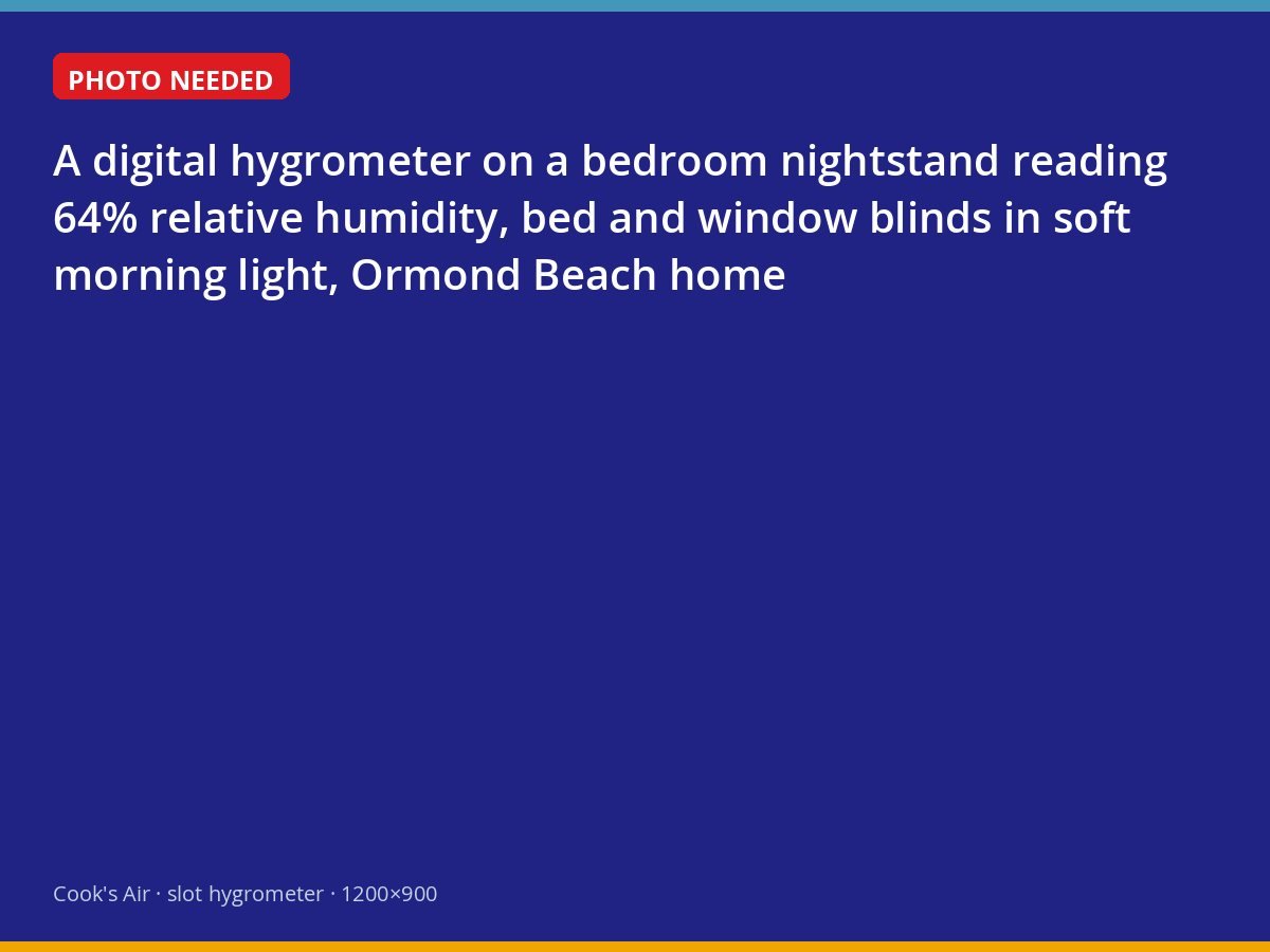 Indoor hygrometer showing 64 percent humidity in a bedroom
