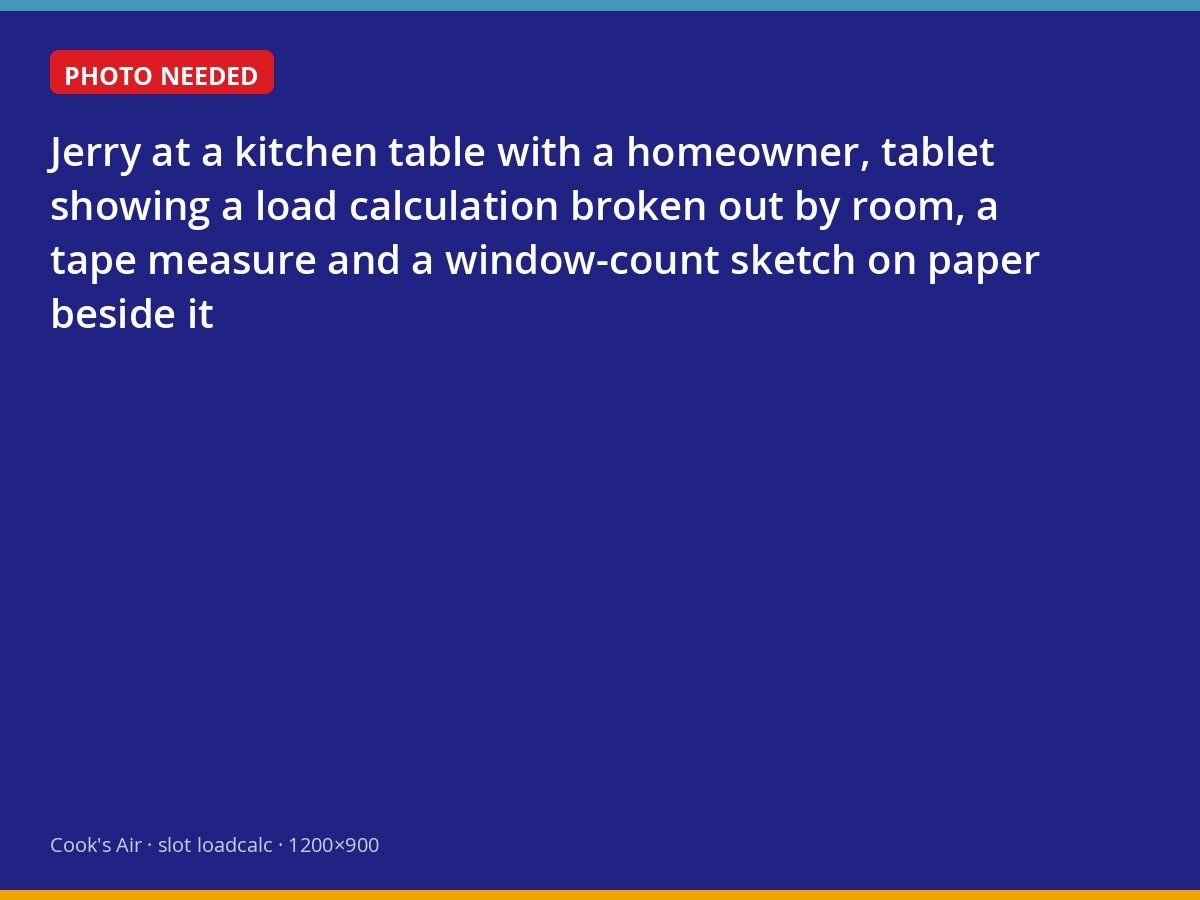 Cook's owner reviewing a load calculation with a homeowner at their kitchen table