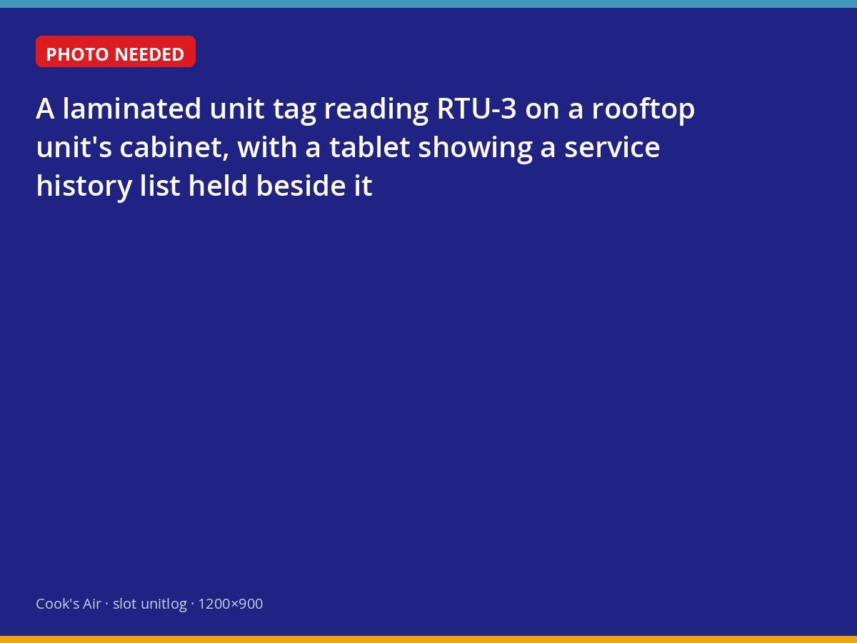 Numbered rooftop unit tag with its service history on a tablet