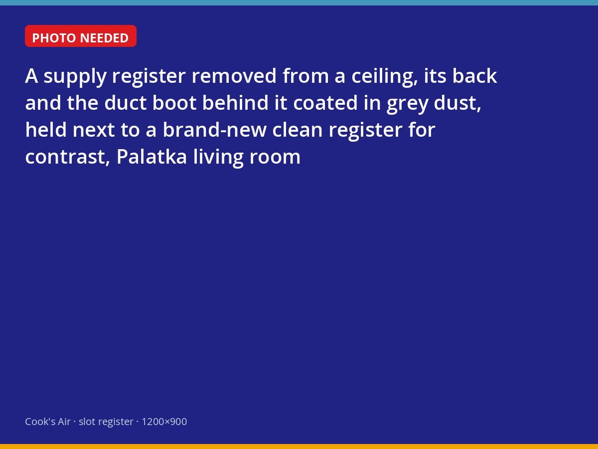 Dust-coated ceiling register beside a clean replacement