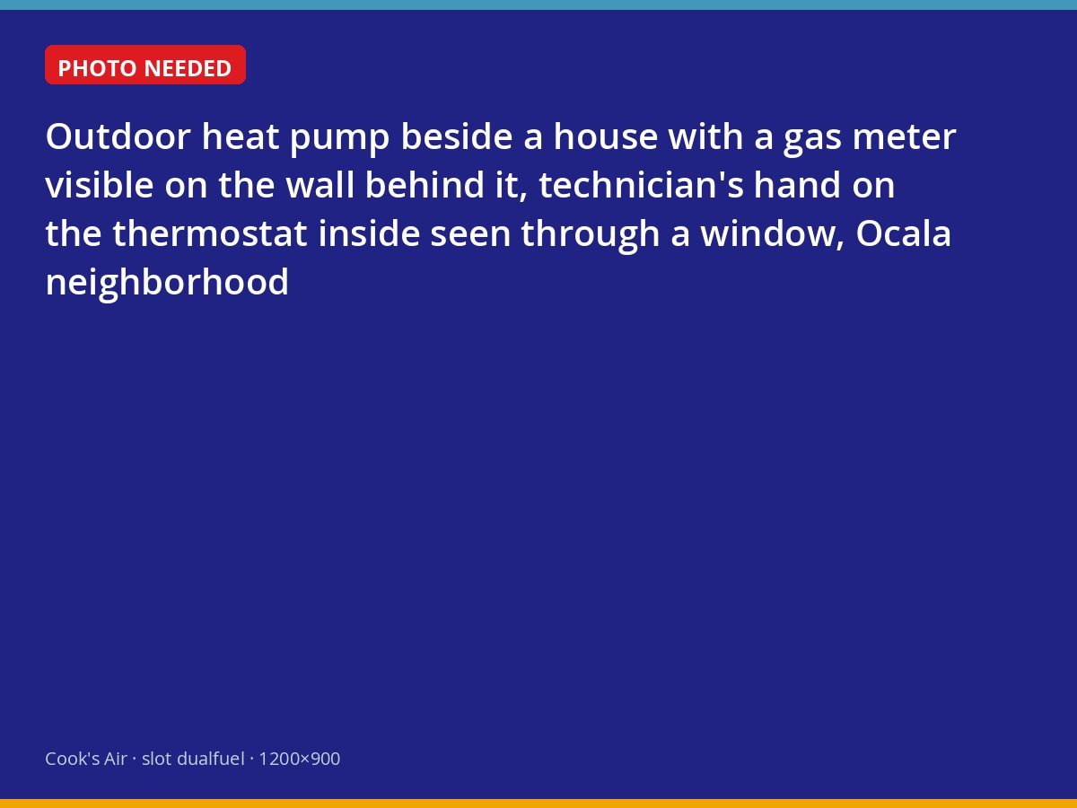 Heat pump outdoor unit paired with a gas-served home for a dual-fuel system